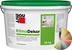 Der Baumit KlimaDekor mit 2 mm Körnung ist im 25 kg Eimer in Pastelltönen erhältlich.