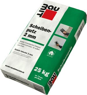 Der Baumit Scheibenputz mit 2 mm Körnung in Weiß ist im 25 kg Sack erhältlich.