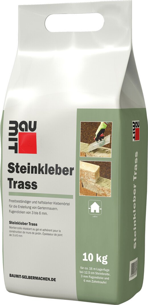 Der Baumit Steinkleber Trass ist im 10 kg-Foliensack erhältlich.